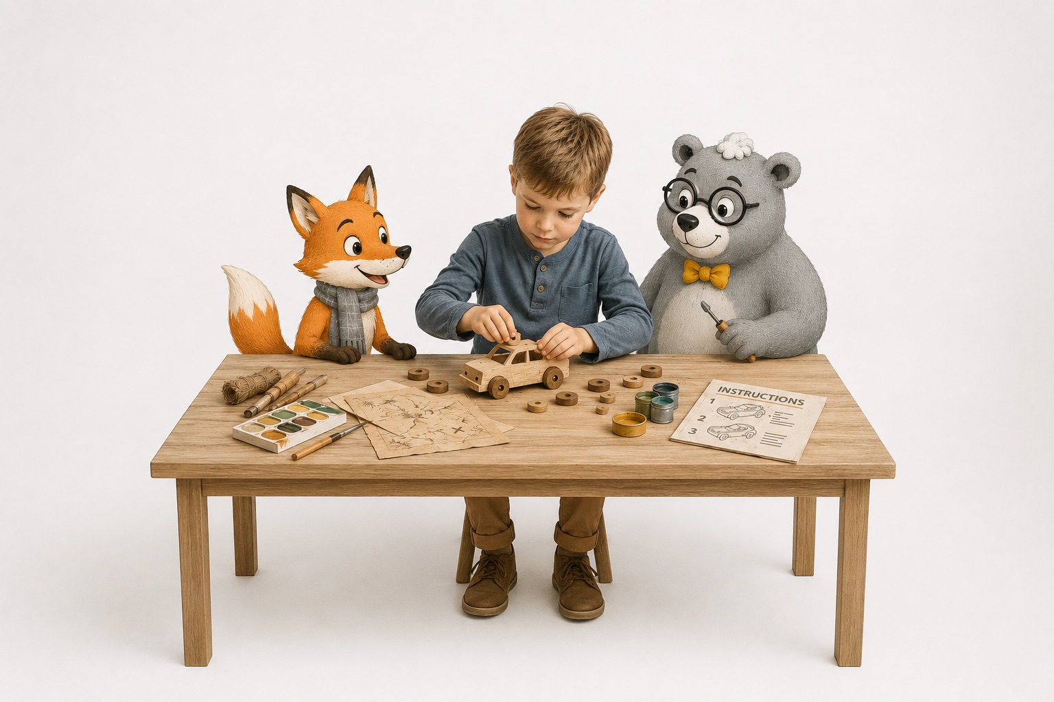 Ein Kind baut mit Popcorn und Freddy ein Holzauto